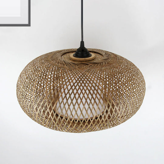 Curved Bamboo Pendant Drum Light With Tradition Design - 12’/14’/16’ Wide Hanging Lamp Kit