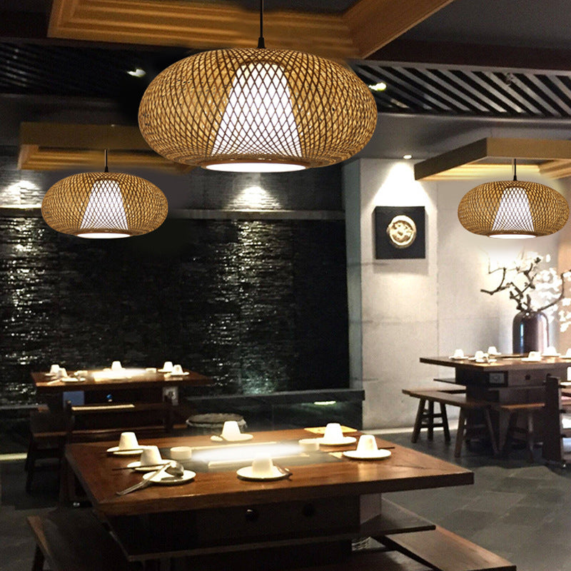 Curved Bamboo Pendant Drum Light With Tradition Design - 12’/14’/16’ Wide Hanging Lamp Kit