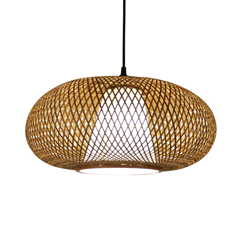 Curved Bamboo Pendant Drum Light With Tradition Design - 12’/14’/16’ Wide Hanging Lamp Kit