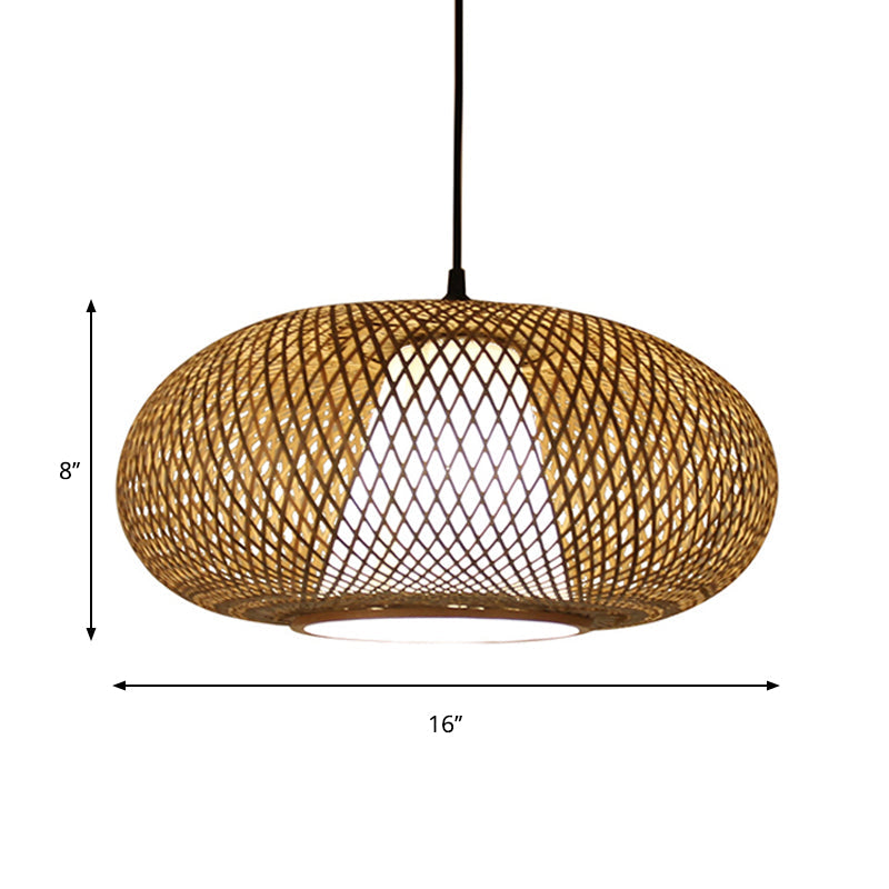 Curved Bamboo Pendant Drum Light With Tradition Design - 12’/14’/16’ Wide Hanging Lamp Kit