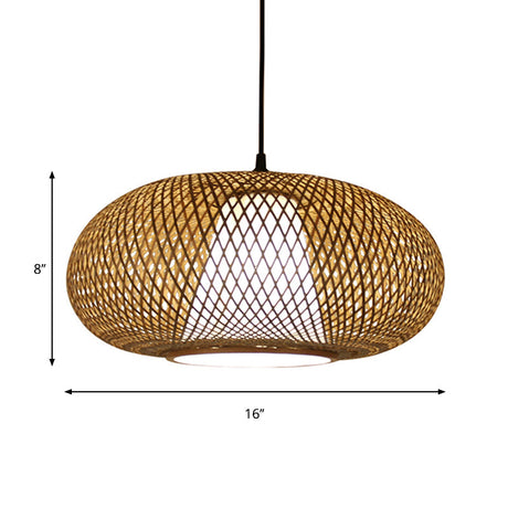 Traditional Bamboo Curved Drum Pendant Light - Wood Hanging Lamp Kit (1 Bulb 12/14/16 Wide)