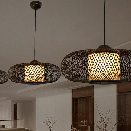 Modern Bamboo Donut Ceiling Lamp In Black/Wood For Living Room