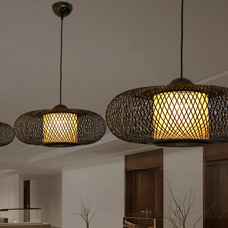 Bamboo Donut Ceiling Lamp: Modern Hanging Pendant Light For Living Room Black/Wood