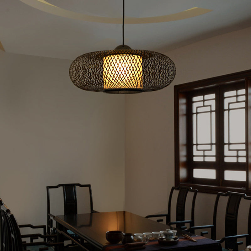 Modern Bamboo Donut Ceiling Lamp In Black/Wood For Living Room