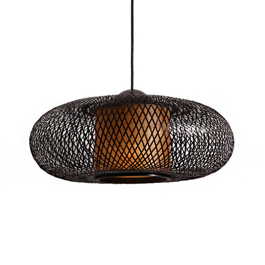 Modern Bamboo Donut Ceiling Lamp In Black/Wood For Living Room