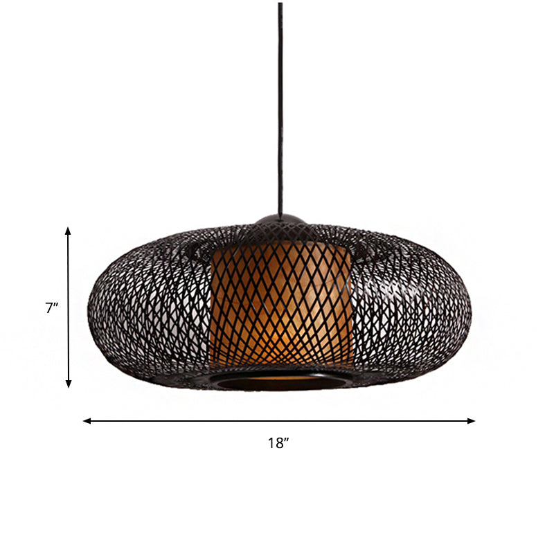 Modern Bamboo Donut Ceiling Lamp In Black/Wood For Living Room
