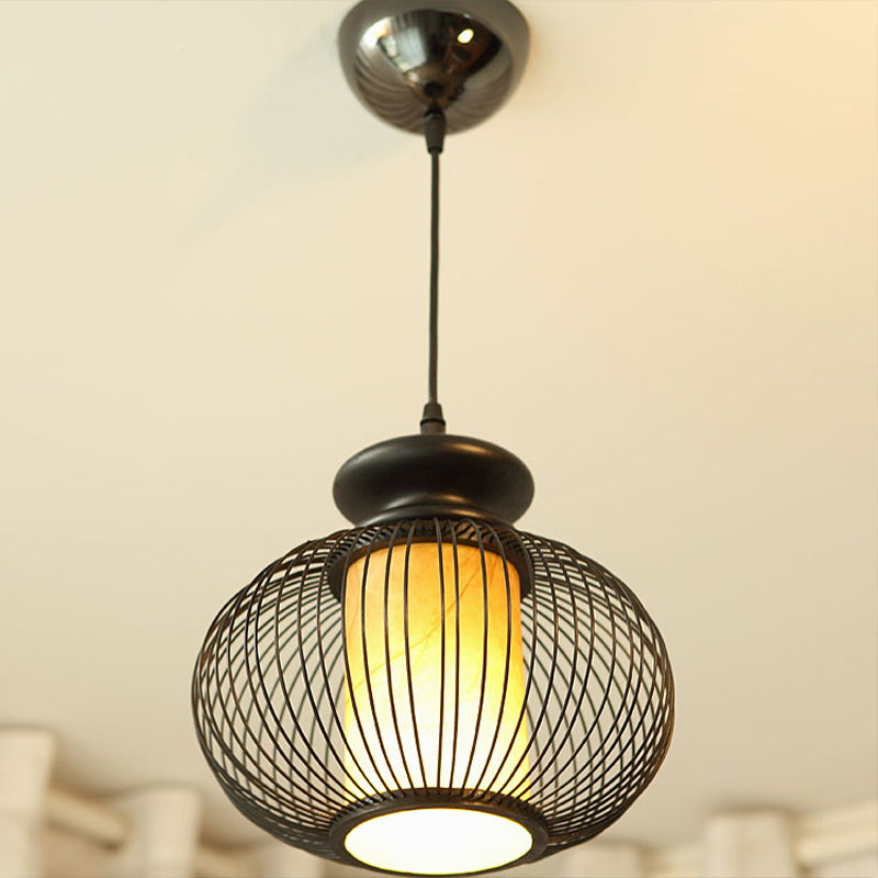 Black/Wood Bamboo Urn Pendant Light Fixture For Bedroom - 10’/12’ Wide Black / 10’