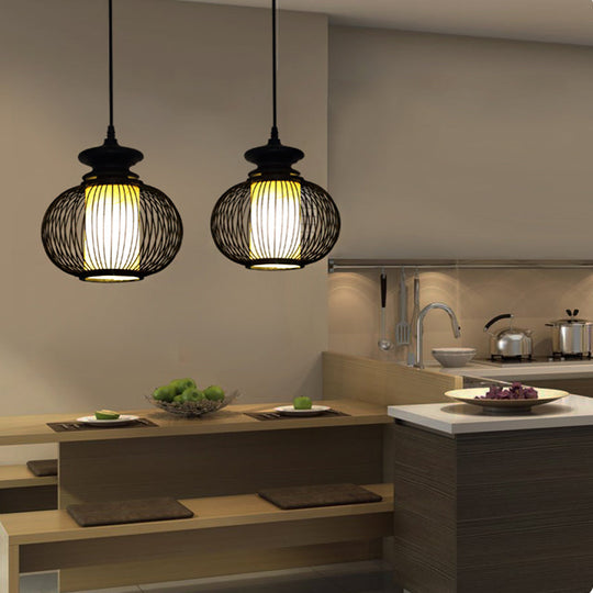 Black/Wood Bamboo Urn Pendant Light Fixture For Bedroom - 10’/12’ Wide