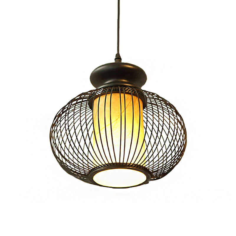 Black/Wood Bamboo Urn Pendant Light Fixture For Bedroom - 10’/12’ Wide