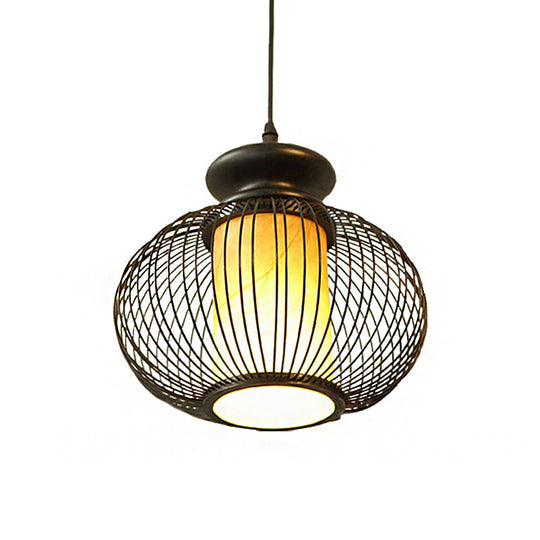 Black/Wood Bamboo Urn Pendant Light Fixture For Bedroom - 10’/12’ Wide
