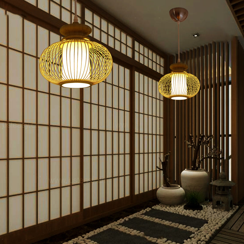 Black/Wood Bamboo Urn Pendant Light Fixture For Bedroom - 10’/12’ Wide