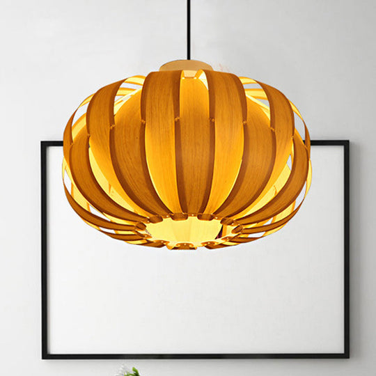 Beige Lantern Pendant Light With Wooden Shade - Modern 1-Bulb Fixture Wood