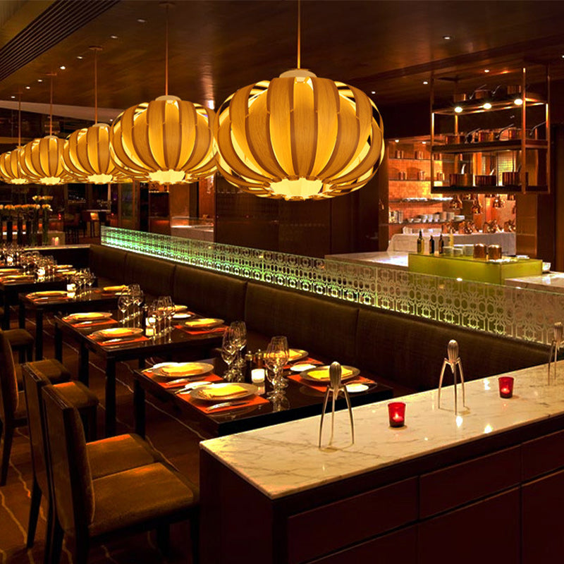 Beige Lantern Pendant Light With Wooden Shade - Modern 1-Bulb Fixture