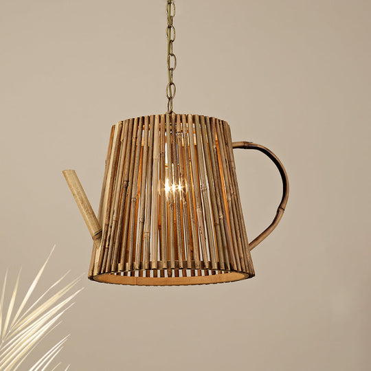 Bamboo Teapot Pendant Lighting - Wood Hanging Lamp With Adjustable Chain 1 Bulb Kit
