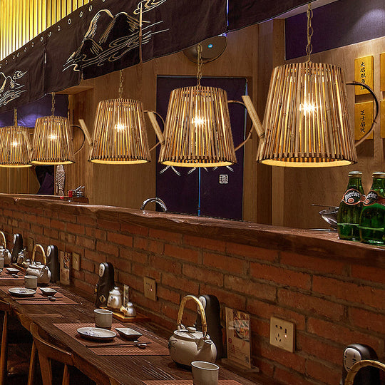 Bamboo Teapot Pendant Lighting - Wood Hanging Lamp With Adjustable Chain 1 Bulb Kit