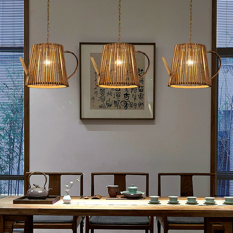 Bamboo Teapot Pendant Lighting - Wood Hanging Lamp With Adjustable Chain 1 Bulb Kit