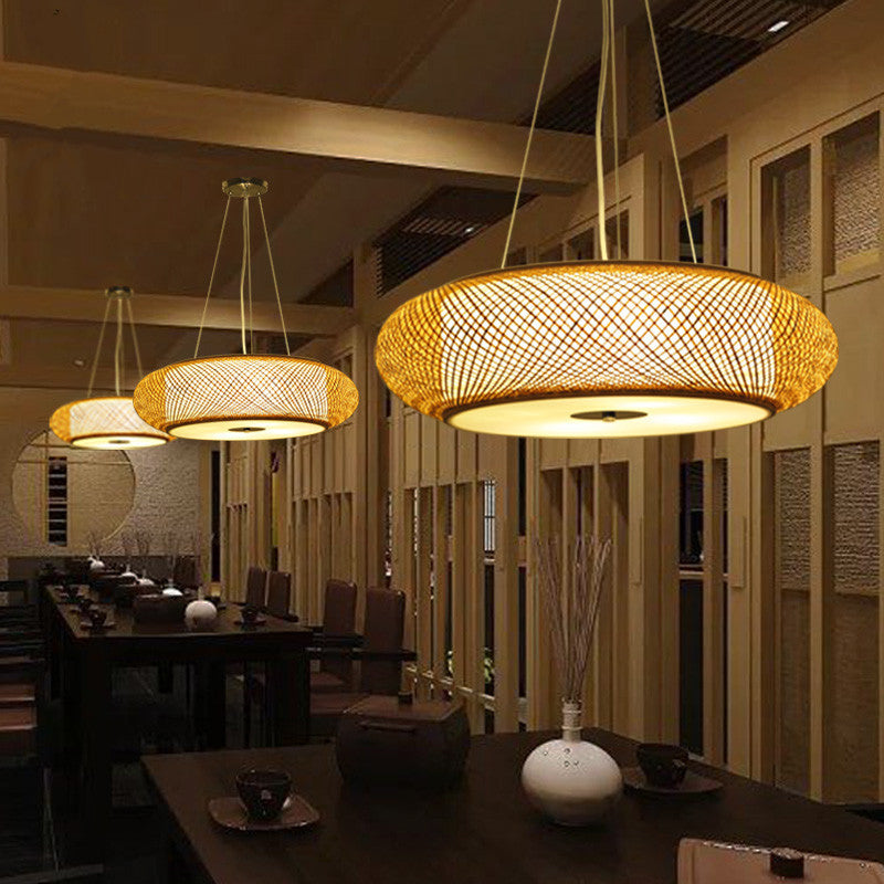 Retro Bamboo Donut Ceiling Lamp - 12’’/16’’/19.5’’ Wide - Wood Hanging Light Fixture with 3 Bulbs