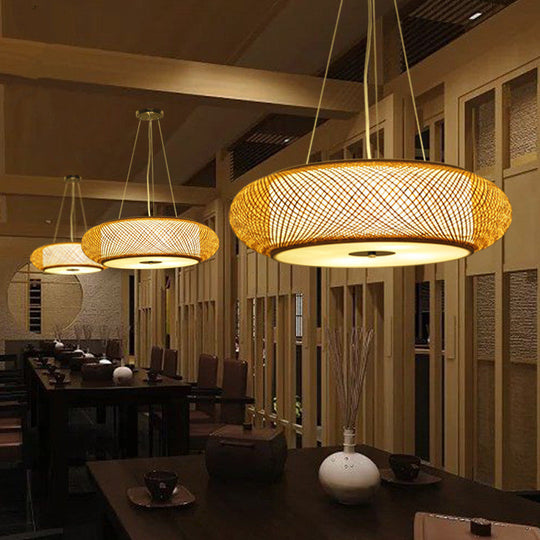 Retro Bamboo Donut Ceiling Lamp - 12’’/16’’/19.5’’ Wide - Wood Hanging Light Fixture with 3 Bulbs