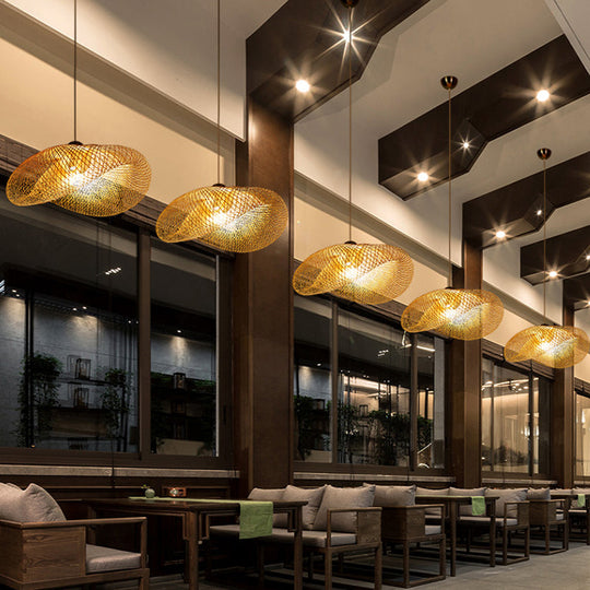 Handmade Wood Pendant Light With Bamboo Shade - Modern 1 Bulb Hanging Lamp