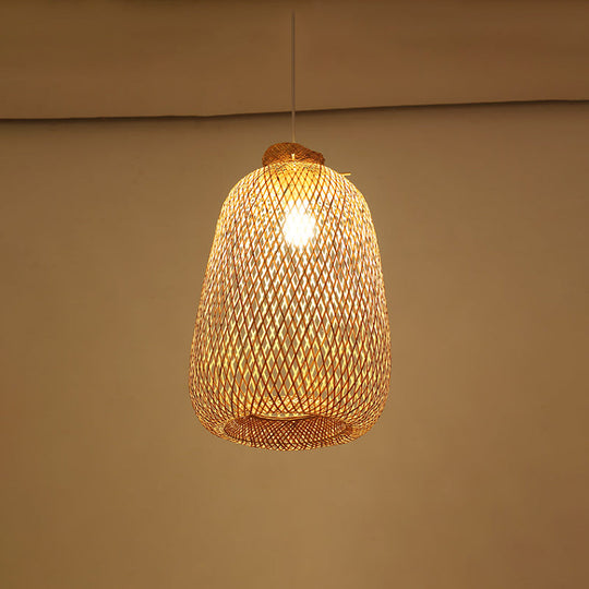 Handmade Wood Pendant Light With Bamboo Shade - Modern 1 Bulb Hanging Lamp / C