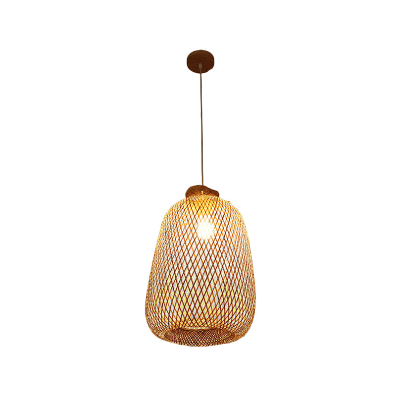 Handmade Wood Pendant Light With Bamboo Shade - Modern 1 Bulb Hanging Lamp