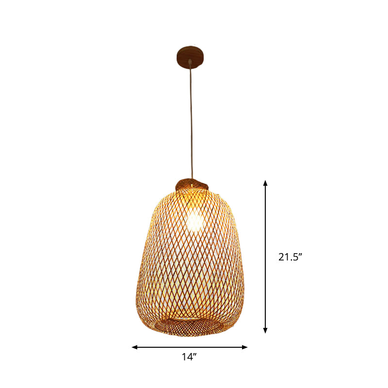 Handmade Wood Pendant Light With Bamboo Shade - Modern 1 Bulb Hanging Lamp