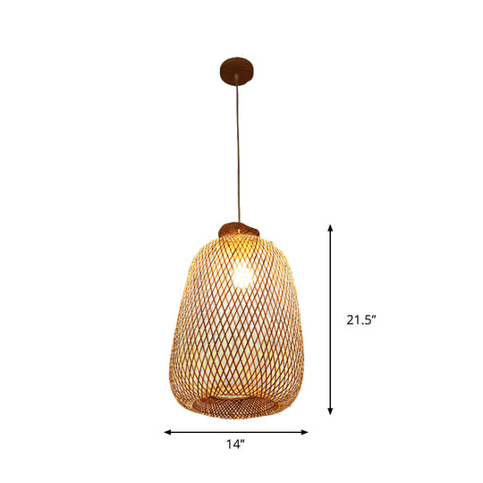 Handmade Wood Pendant Light With Bamboo Shade - Modern 1 Bulb Hanging Lamp