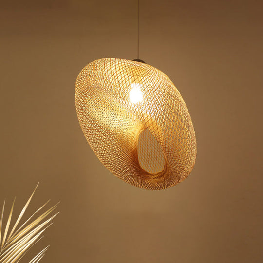 Handmade Wood Pendant Light With Bamboo Shade - Modern 1 Bulb Hanging Lamp / B