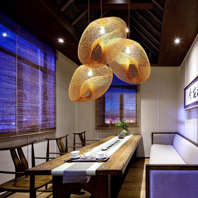 Handmade Wood Pendant Light With Bamboo Shade - Modern 1 Bulb Hanging Lamp