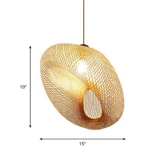 Handmade Wood Pendant Light With Bamboo Shade - Modern 1 Bulb Hanging Lamp