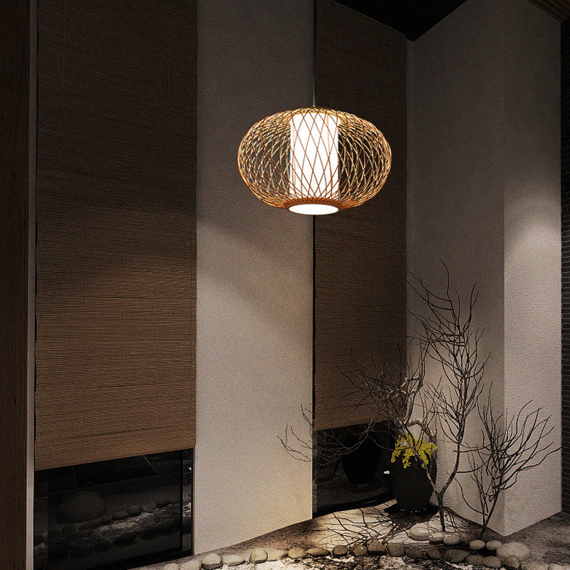 Bamboo Lantern Pendant Light - Tradition Style 1 Bulb 16’/19.5’ Wide Wood Hanging Lamp Kit