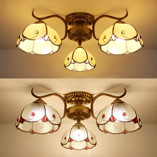 Tiffany Lodge Style Scalloped Semi Flush Ceiling Light With Stained Glass – 3 Lights Beige/Clear