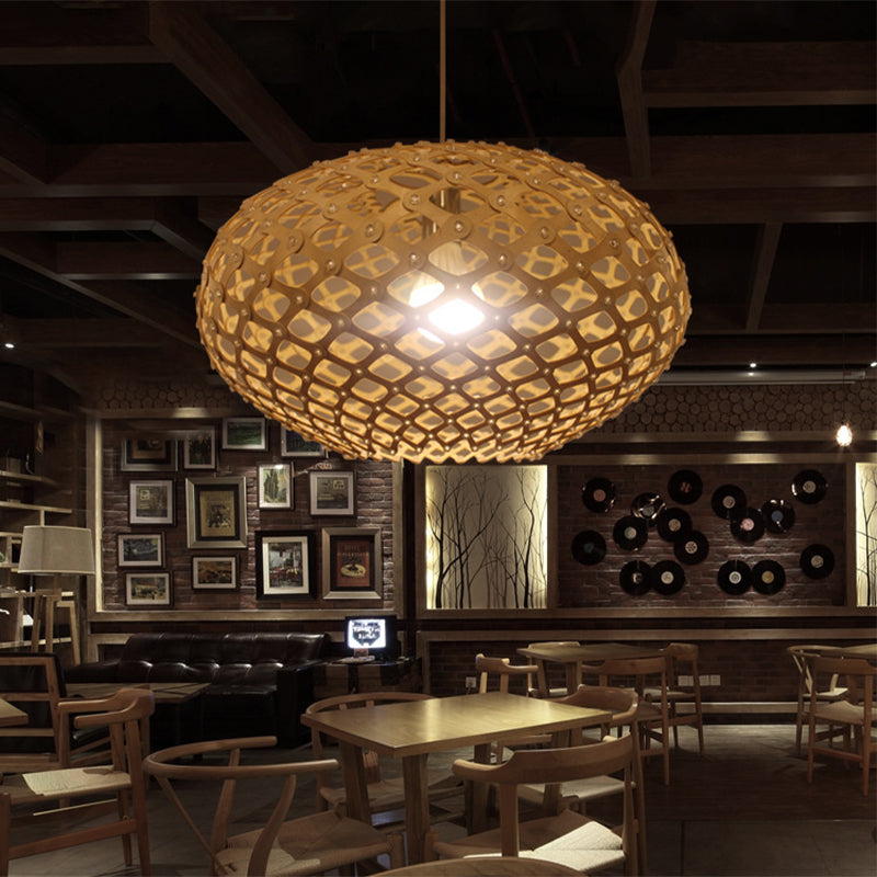 Contemporary Wood Suspension Pendant Light Kit - Global Design 1 Bulb Beige 16’/19.5’ Wide