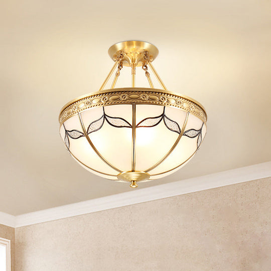 Vintage Opal Glass 4 - Light Semi Flush Mount In Brass For Bedroom - 12.5’/16’ Wide / 12.5’