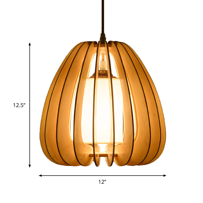 Contemporary Beige Pear Hanging Lamp - Wood Ceiling Pendant Light For Restaurants