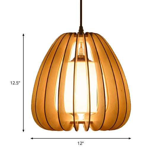 Contemporary Beige Pear Hanging Lamp - Wood Ceiling Pendant Light For Restaurants