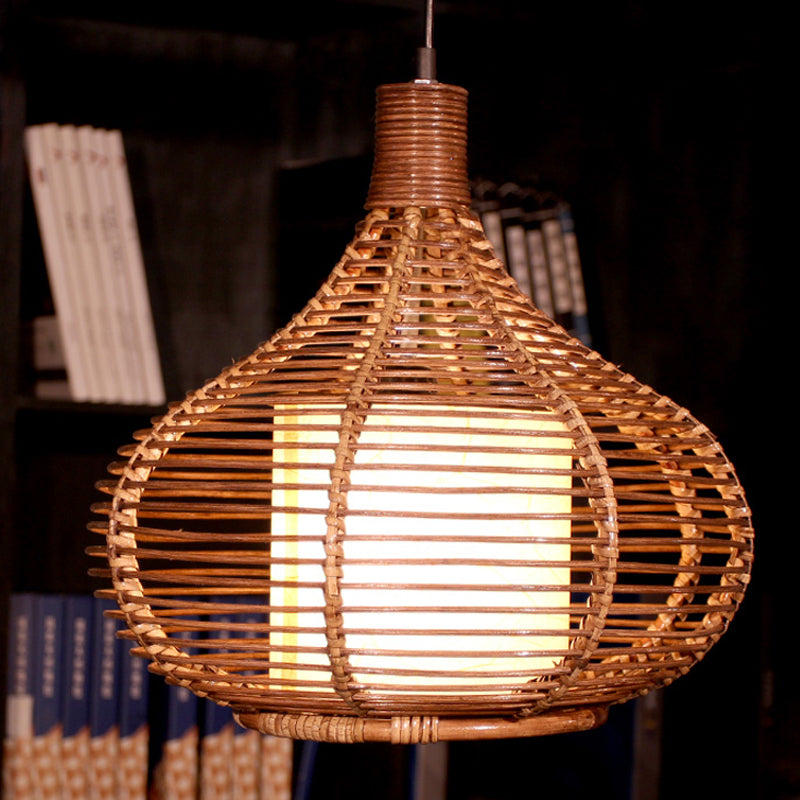 Bamboo Jar Pendant Light Kit With Inner Cylindrical Shade - Retro Style Brown 1 Bulb