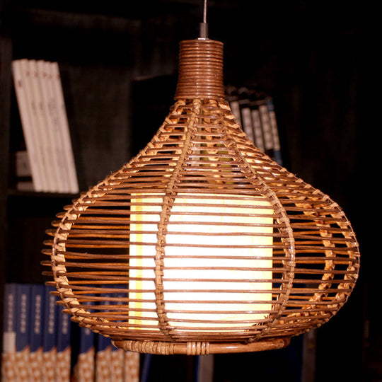 Bamboo Jar Pendant Light Kit With Inner Cylindrical Shade - Retro Style Brown 1 Bulb