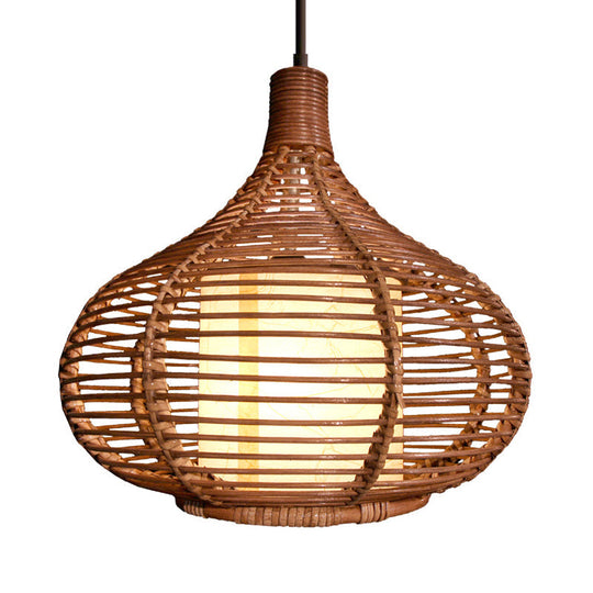 Bamboo Jar Pendant Light Kit With Inner Cylindrical Shade - Retro Style Brown 1 Bulb