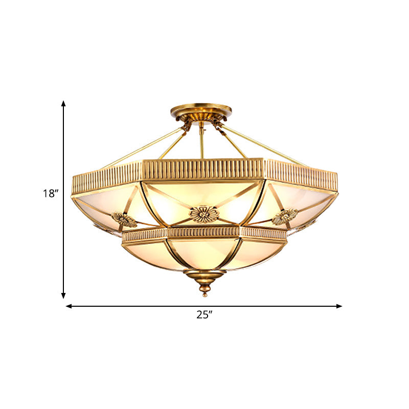 Classic Domed Semi Flush Light With Milky Glass Gold Mount - 4/6 Lights 18’/25’ Wide