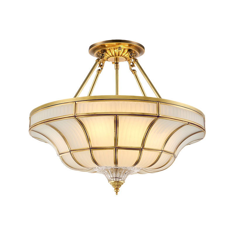 Antique Brass Semi Flush Ceiling Mount Light With Curved Frosted Glass - 3/6 Lights 16’/19.5’