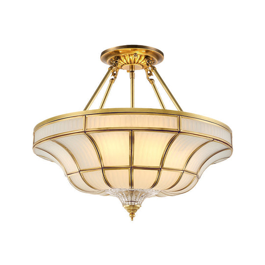 Antique Brass Semi Flush Ceiling Mount Light With Curved Frosted Glass - 3/6 Lights 16’/19.5’
