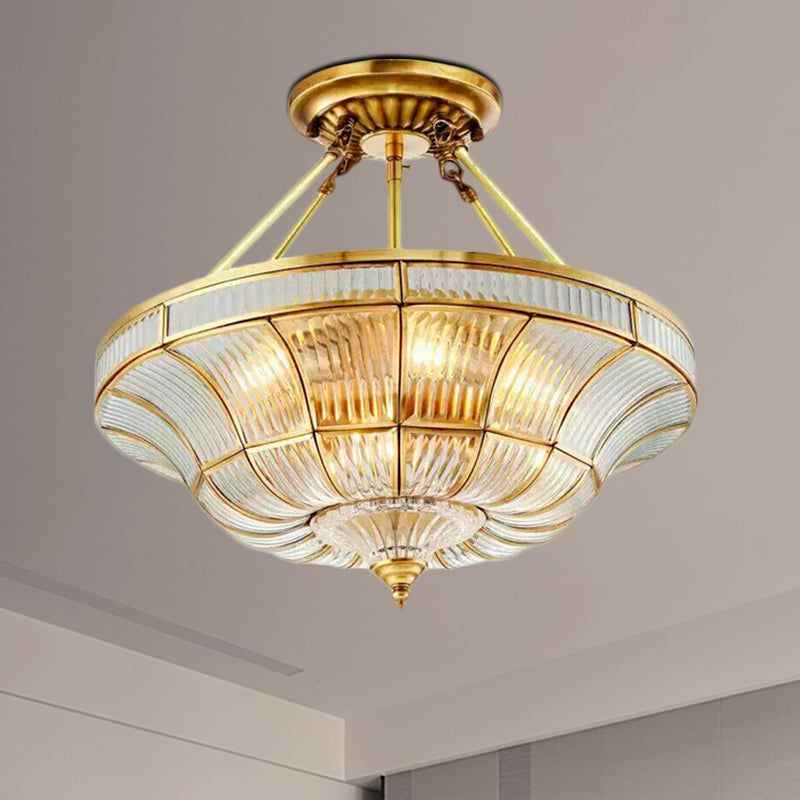 Traditional Brass Semi Flush Light With Clear Ribbed Glass Shade - 16’/19.5’ Wide 3/6 Lights