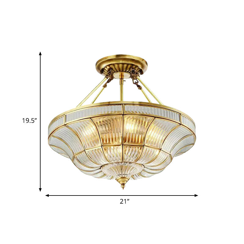 Traditional Brass Semi Flush Light With Clear Ribbed Glass Shade - 16’/19.5’ Wide 3/6 Lights