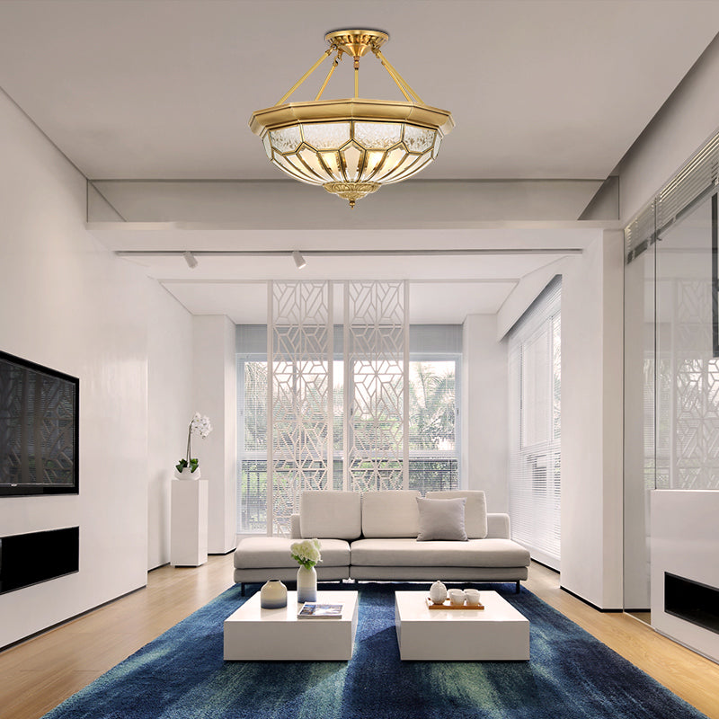 Antique Frosted Glass Bedroom Semi Flush Light - Wide Bowl Gold Finish 4/6 Lights 18’/19.5’