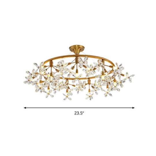 Modern Floral Crystal Pendant Light: 20/30 Bulbs Brass Ceiling Fixture - 23.5/31.5 Wide