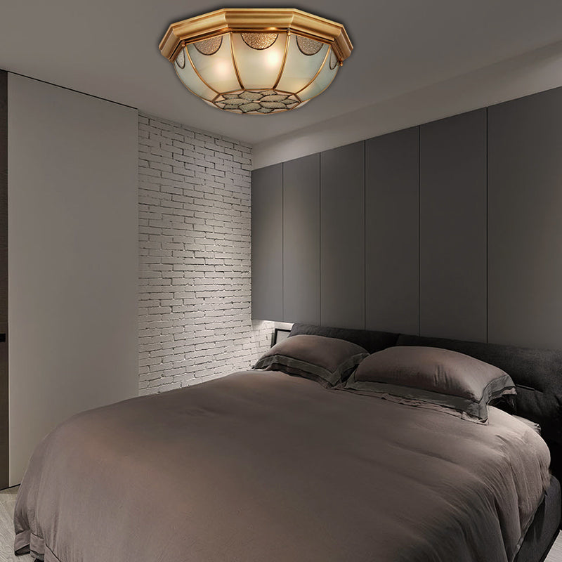 Traditional Flower Frosted Glass Flushmount Lighting In Gold - 3-Light For Bedroom 14/18/23 W