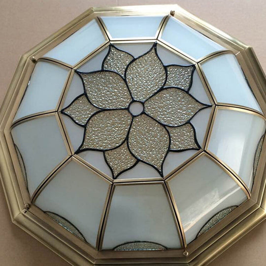 Traditional Flower Frosted Glass Flushmount Lighting In Gold - 3 - Light For Bedroom 14’/18’/23’ W