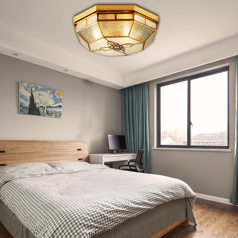 Frosted Glass Geometric Flush Ceiling Light With Gold Accents - Traditional Bedroom Lighting (4/6