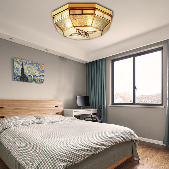 Frosted Glass Geometric Flush Ceiling Light With Gold Accents - Traditional Bedroom Lighting (4/6